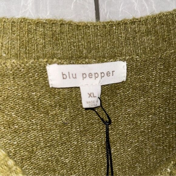 blu pepper XL Olive Moth Green Heather Knit Crew Checker Sleeve Boxy Sweater - Picture 13 of 15